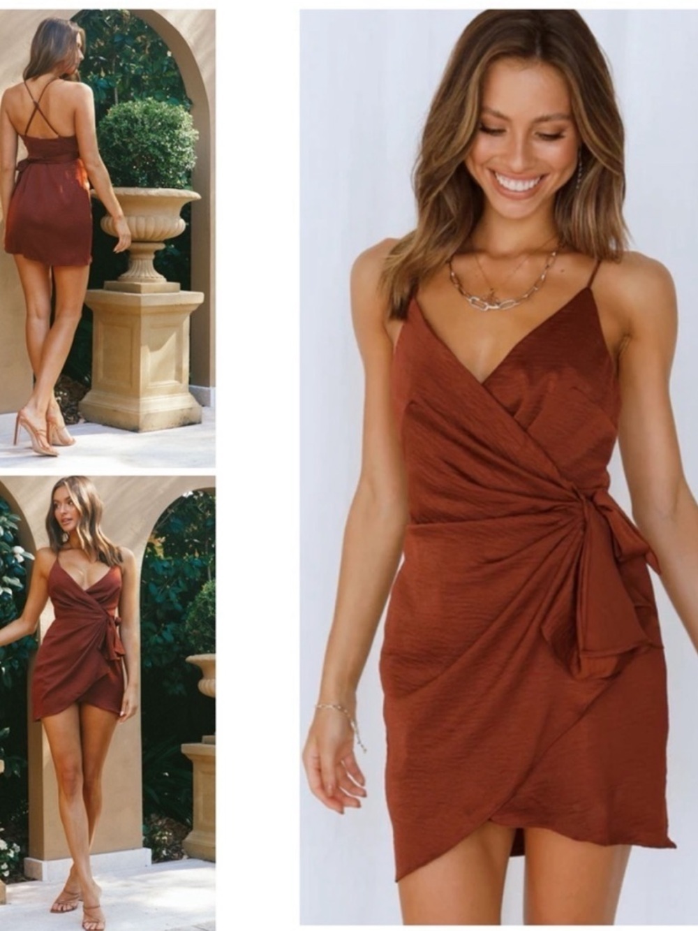 Hello Molly If The Gown Fits Chocolate Satin Silky Brown Wrap Mini Dress Size 8